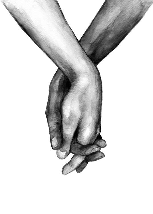 – Čiernobiela akvarelová ilustrácia držiacich sa rúk