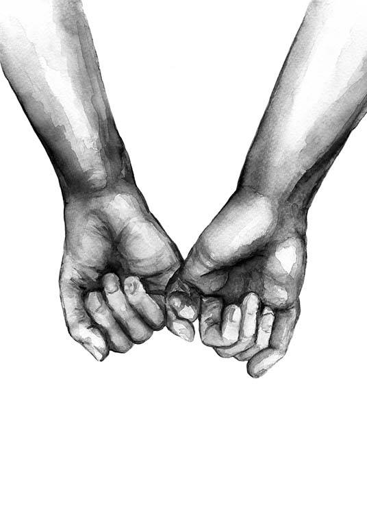  – Čiernobiela akvarelová ilustrácia rúk držiacich sa za malíček