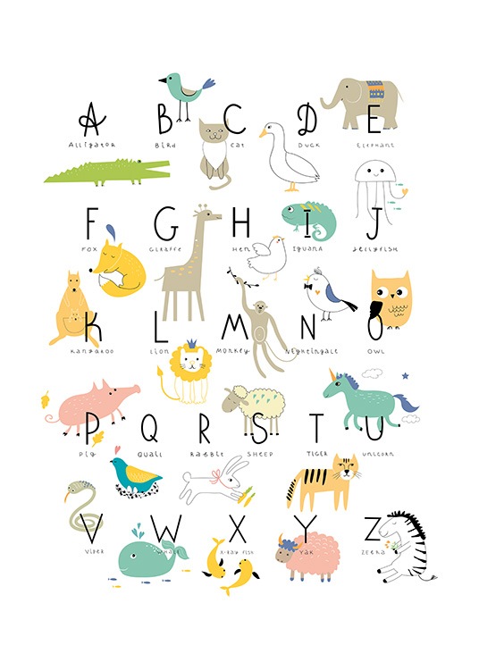 – Plagát s abecedou a zvieratkami na bielom pozadí. 