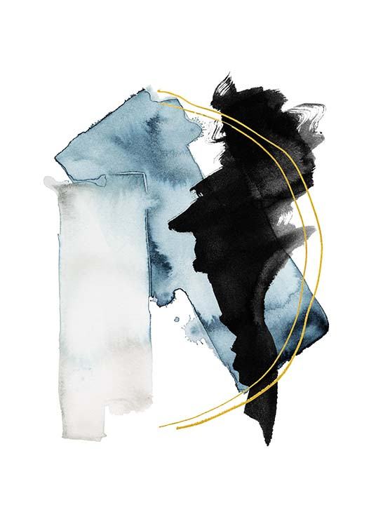  – Akvarelová ilustrácia s abstraktnými útvarmi čiernej a modrej farby s dvoma zlatými čiarami