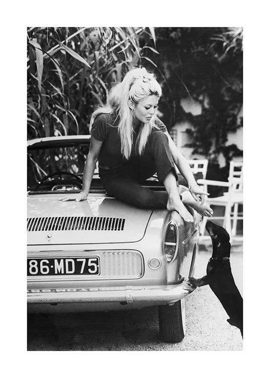  – Čiernobiela fotografia Brigitte Bardot skláňajúcej sa k psovi z auta