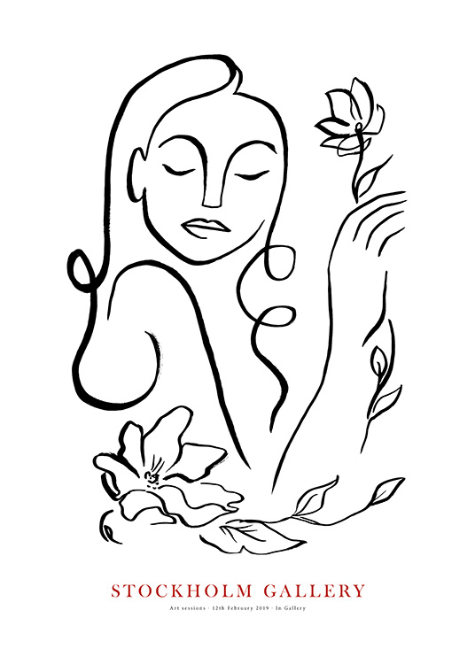  - Čiernobiela ručne kreslená ilustrácia ženy s kvetmi v ruke s nápisom STOCKHOLM GALLERY