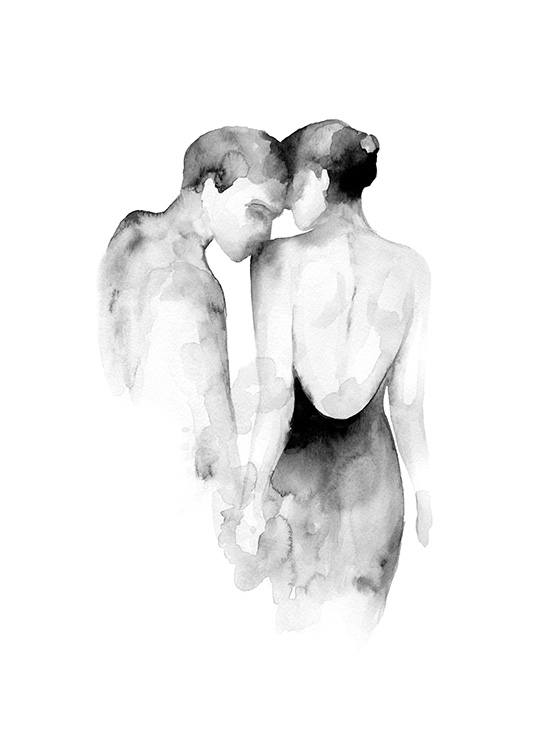 – Čiernobiela akvarelová ilustrácia ženy, ktorú bozkáva muž na plece
