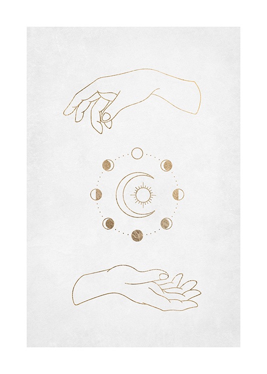  – Grafické znázornenie páru rúk so zlatými kruhmi, mesiacom a slnkom