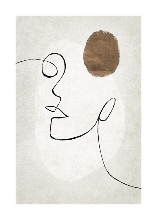  – Ilustrácia s abstraktnými útvarmi a tvárou v štýle perokresby na béžovom pozadí
