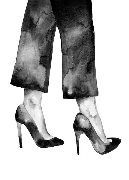  - Čiernobiely akvarel so ženskými nohami v podpätkoch a v nohaviciach