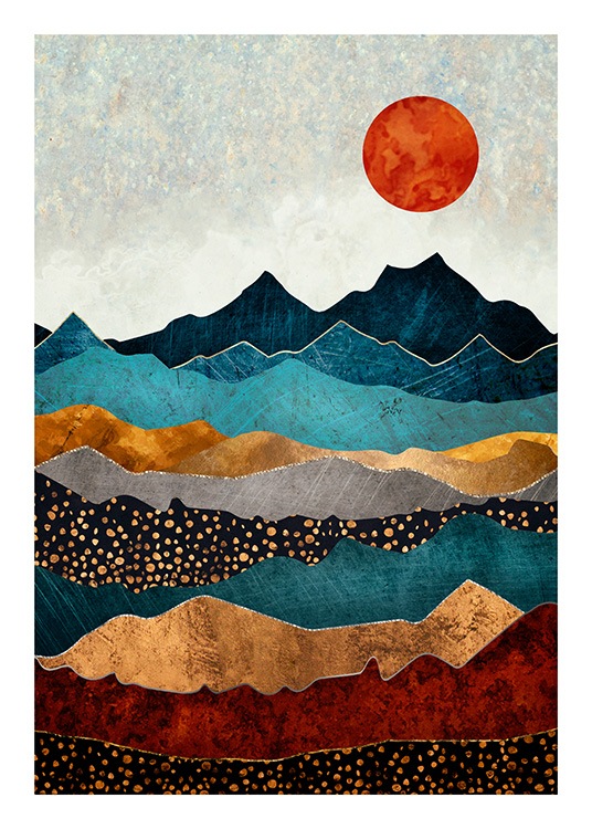  - Grafická ilustrácia farebnej horskej krajiny s červeným slnkom v pozadí