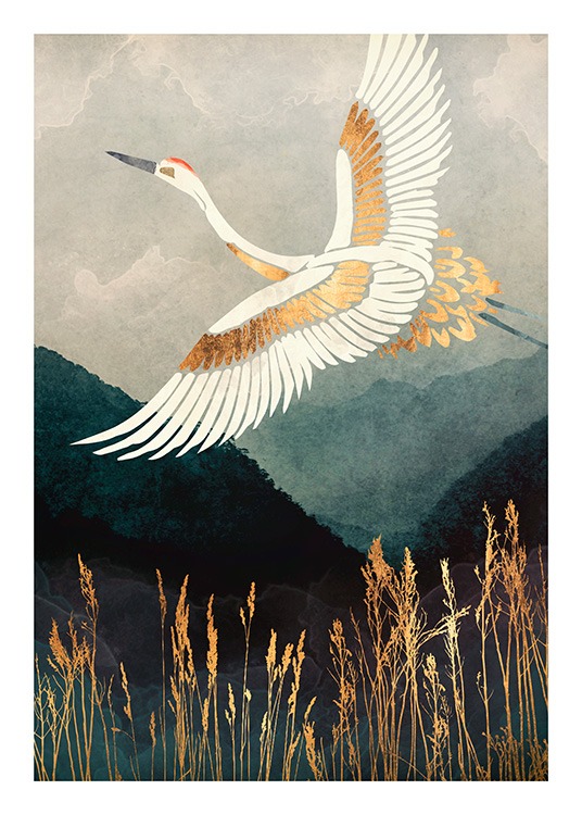 - Grafické znázornenie bielo-zlatého žeriavu lietajúceho nad horskou krajinou a vysokou trávou