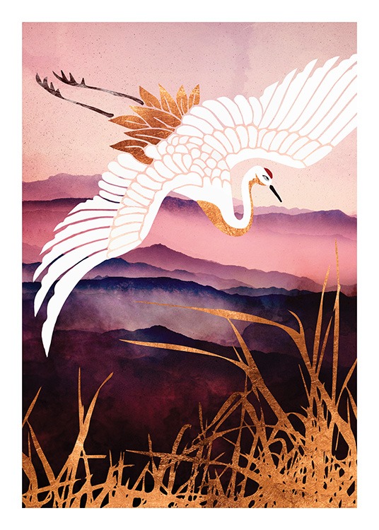  – Grafická ilustrácia zlato-bieleho žeriavu preletujúceho nad zlatou trávou a ružovo-fialovými poľami