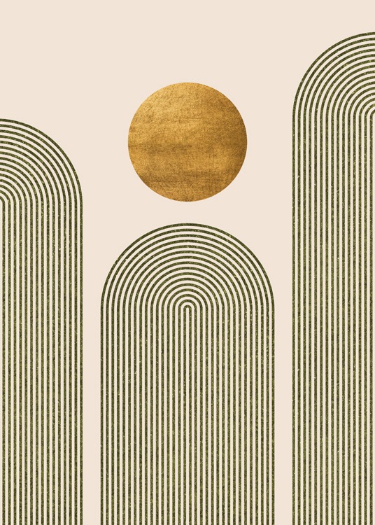 – Grafická ilustrácia zlatého kruhu s troma zelenými oblúkmi na béžovom pozadí