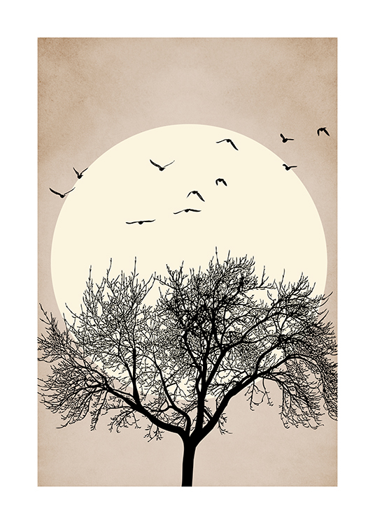 – Grafická ilustrácia veľkého čierneho stromu s vtákmi a žltým slnkom v pozadí