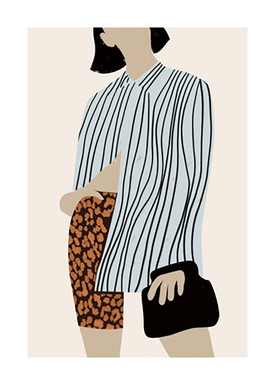  – Grafická ilustrácia ženy v leopardích šortkách a modrej pruhovanej košeli s čiernou taškou