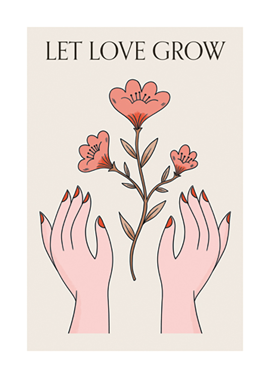  – Grafická ilustrácia červených kvetov a rúk na béžovom pozadí s textom v hornej časti