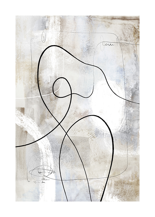  – Šedo-béžová abstraktná maľba s abstraktnými čiernobielymi líniami