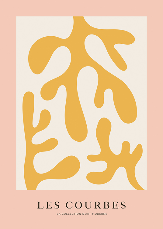  – Grafická ilustrácia s abstraktnými žltými koralmi na bledošedo-ružovom pozadí