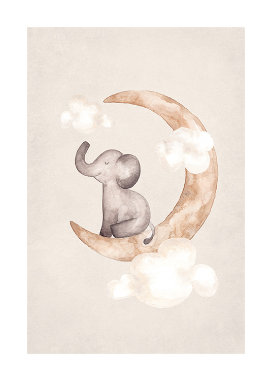  – Akvarelová maľba sloníka sediaceho na mesiaci obklopeného oblakmi