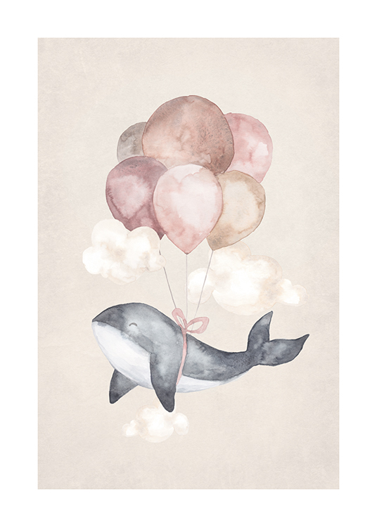  – Akvarelová maľba veľryby uviazanej o ružové a krémové balóniky na béžovom pozadí