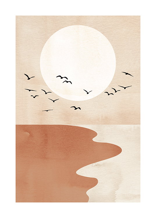  – Grafická ilustrácia s červeno-béžovou plážou, čiernymi vtákmi a béžovým kruhom