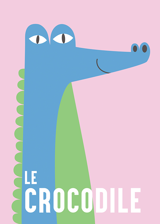  – Grafická ilustrácia usmievajúceho sa modro-zeleného krokodíla na ružovom pozadí