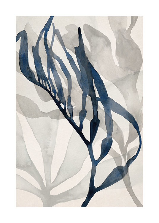  – Ilustrácia abstraktných akvarelových sivo-modrých morských rias na krémovom pozadí