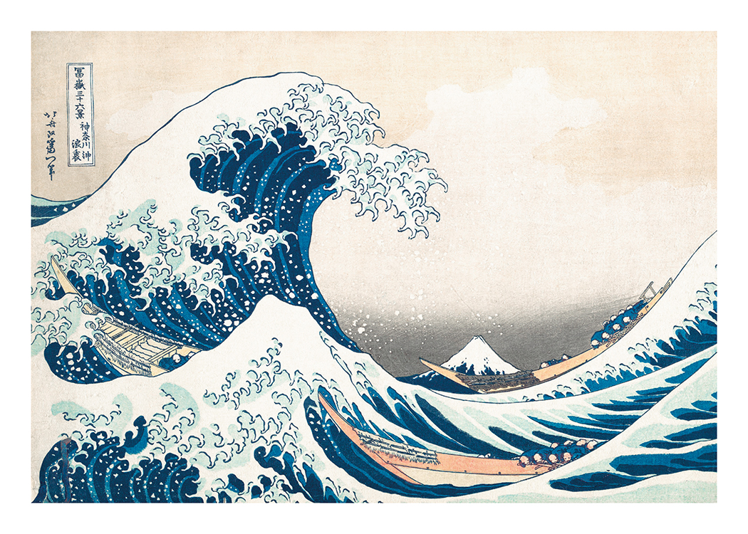  – Maľba oceánu s veľkými vlnami a člnmi vo vode a béžovou oblohou v pozadí