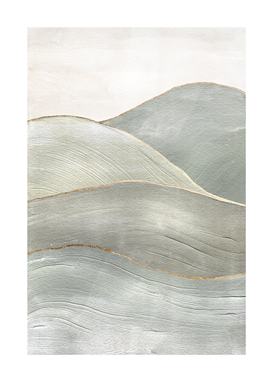  – Maľba s abstraktnými kopcami šedozelenej farby so zlatými obrysmi