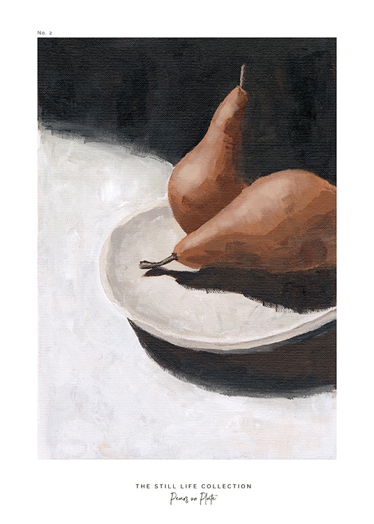  – Obraz hnedých hrušiek na sivom tanieri na pozadí v odtieňoch sivej