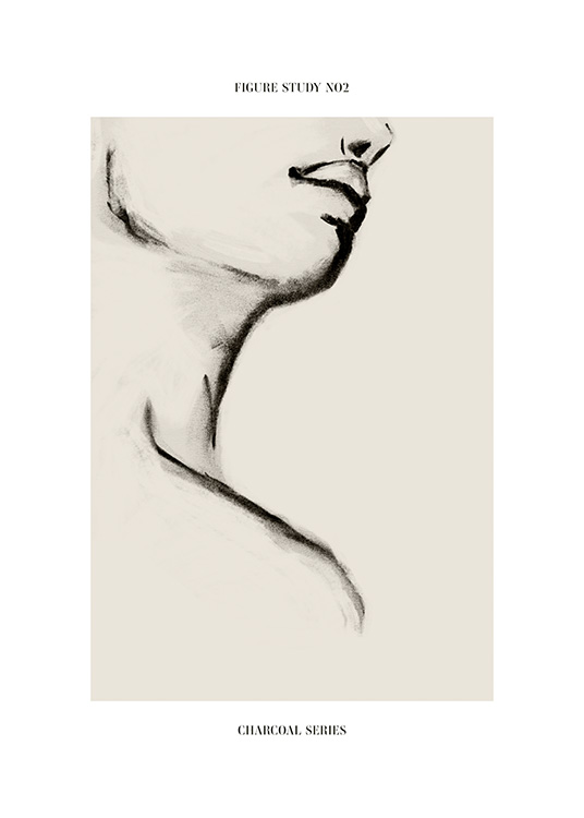  – Minimalistická skica šedým uhlíkom s motívom krku a pier na béžovom pozadí
