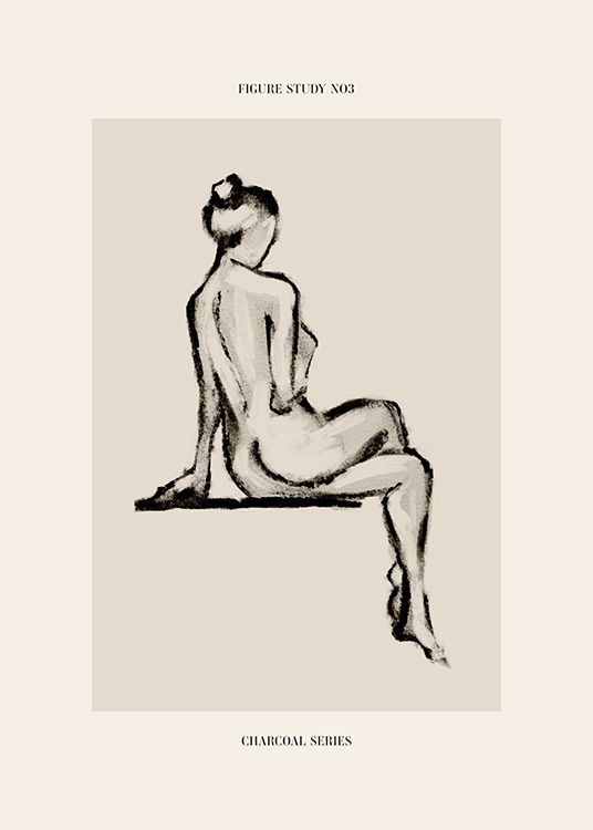  – Skica nahej ženy s prekríženými nohami pri pohľade zozadu uhlíkom na béžovom pozadí
