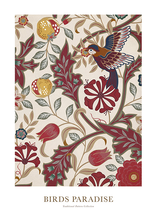  – Ilustrácia s vtákom a červeno-sivo-béžovými kvetmi na béžovom pozadí