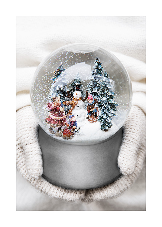  – Fotografia snehovej gule so snehuliakom, stromčekmi a deťmi