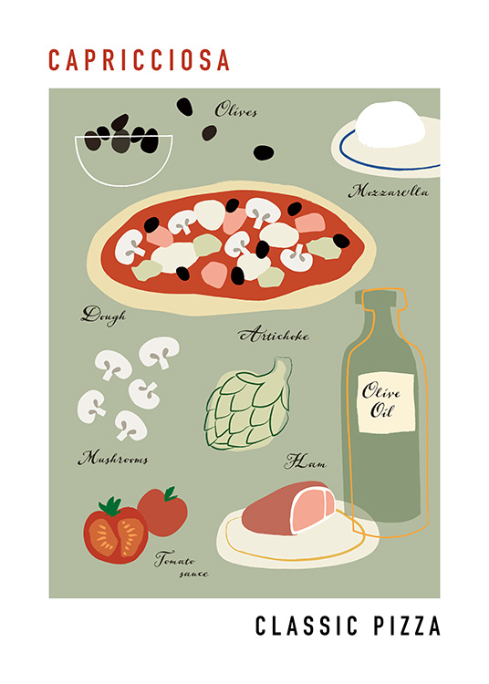  – Grafická ilustrácia s prísadami pizze capricciosa a pizzou na sivozelenom pozadí