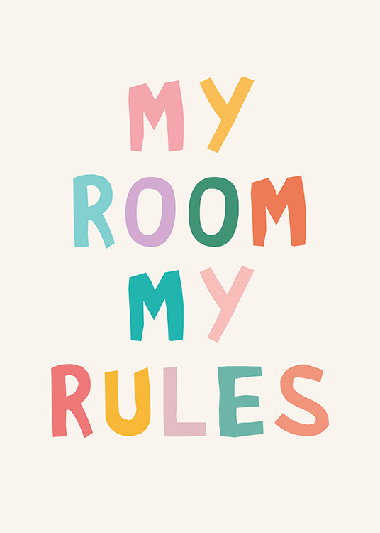  – Farebný nápis „My room my rules“ na svetlom pozadí