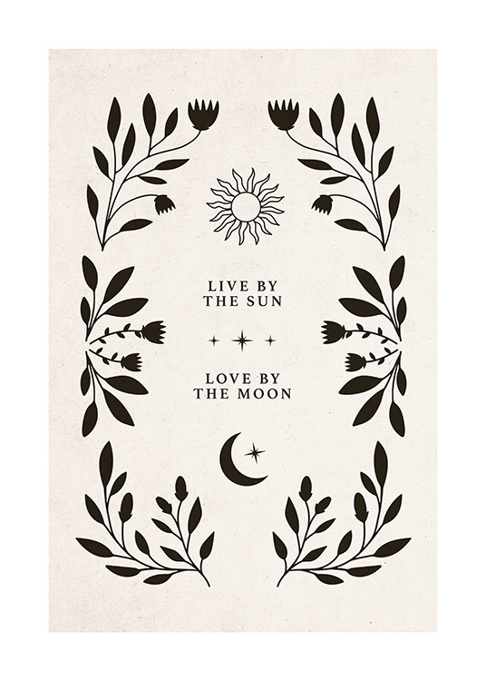  – Grafická ilustrácia s textom, slnkom a mesiacom obklopeným rámom z čiernych listov a kvetov