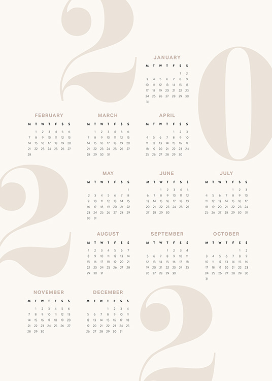  – Kalendár na rok 2022 s čiernym textom na béžovom pozadí s béžovými číslicami