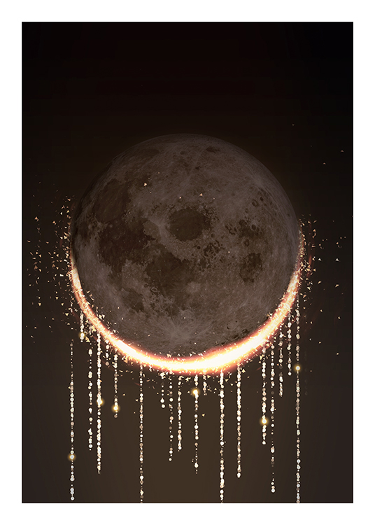 – Ilustrácia zatmenia mesiaca so zlatým dažďom zo spodnej časti mesiaca