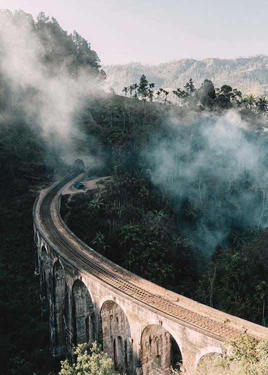  – Fotografia mosta prechádzajúceho krajinou so stromami v hmle