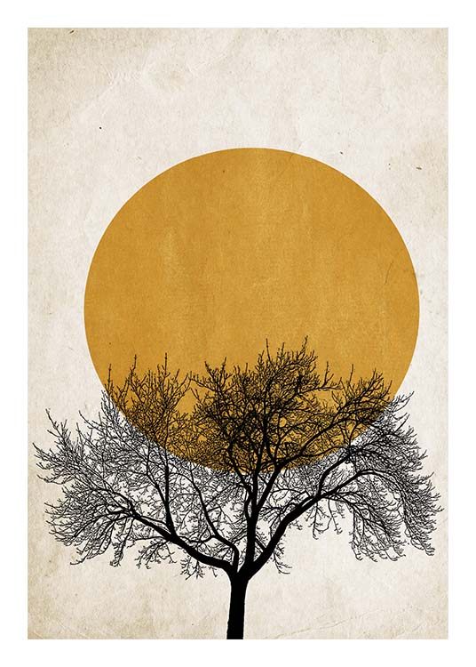  – Grafické znázornenie s čiernym stromom pred tmavožltým slnkom a béžovým pozadím