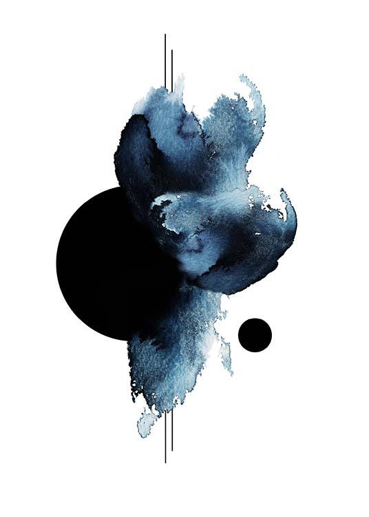  – Akvarelová maľba s abstraktnými útvarmi čiernej a modrej farby na bielom pozadí