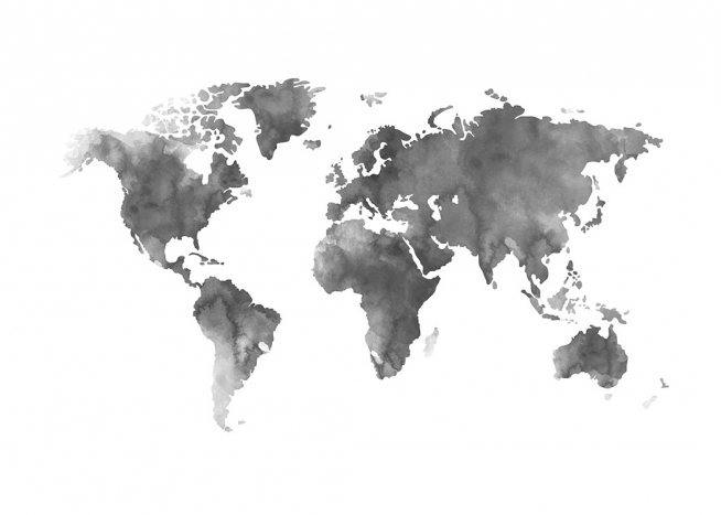 World Map Grey Watercolour, Plagát