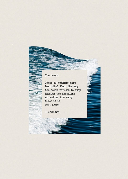  - Grafický plagát s citátom o oceáne na fotografii oceánu s béžovým pozadím
