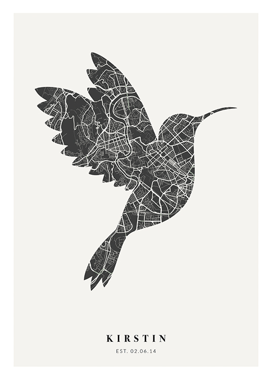  – Čiernobiela mapa mesta v tvare vtáka s textom v dolnej časti