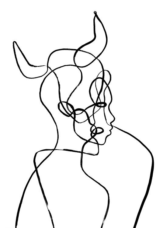  – Ilustrácia hlavy s rohmi v štýle perokresby inšpirovaná znamením Býka